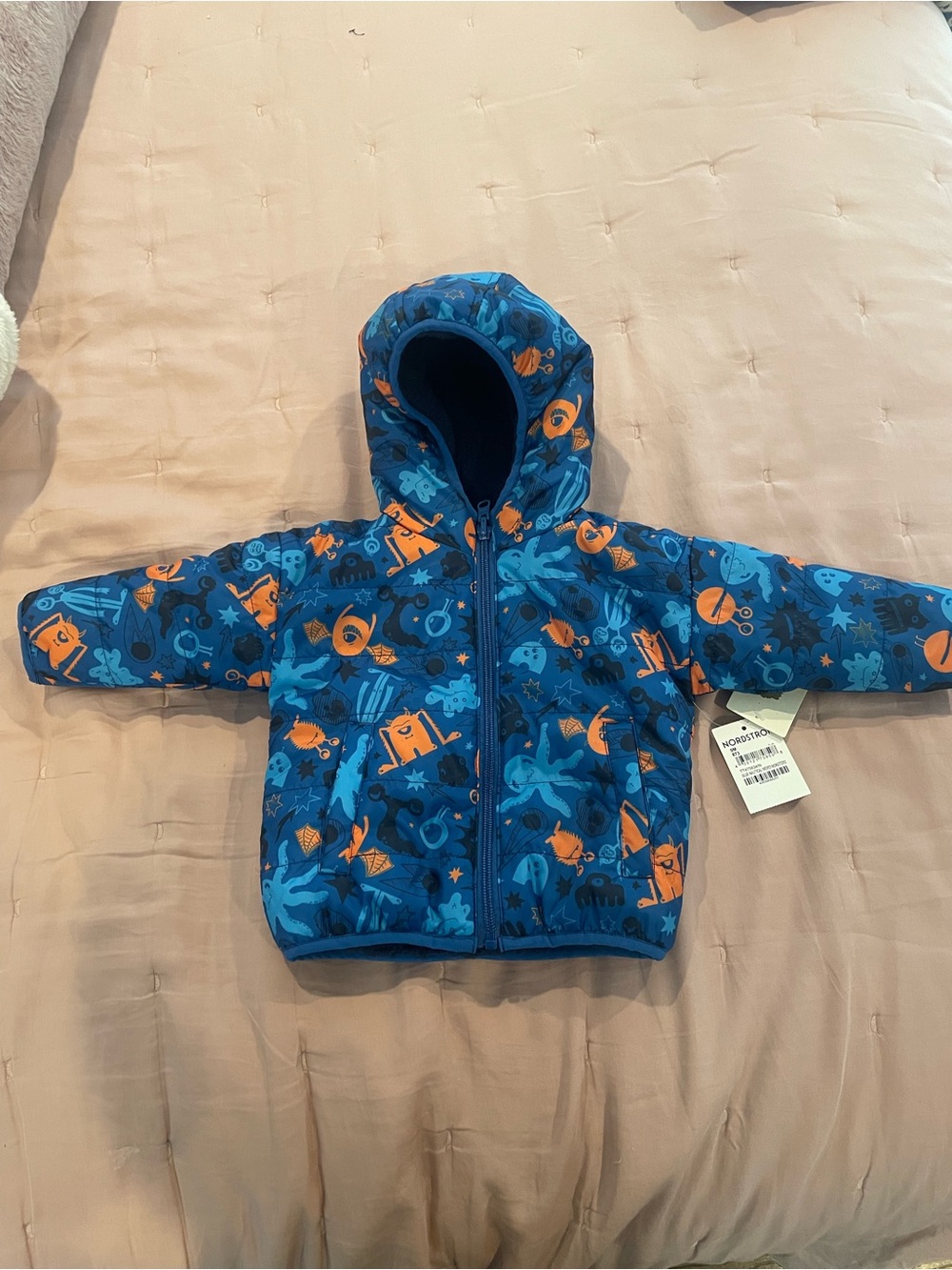 Blue & Orange Kids Hooded Puffer Jacket with Monster Print